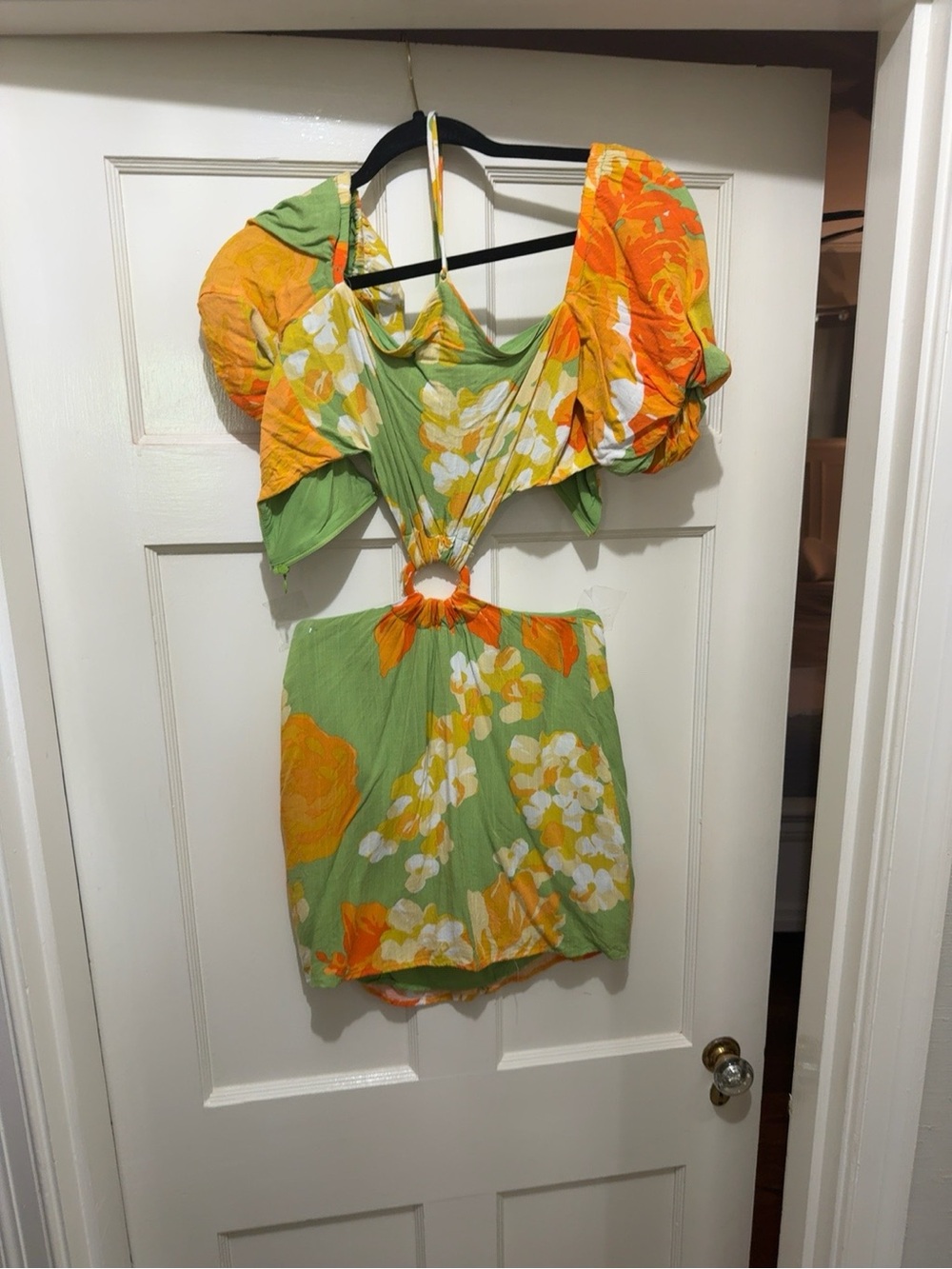 Green Floral Backless Mini Dress with Orange Accents